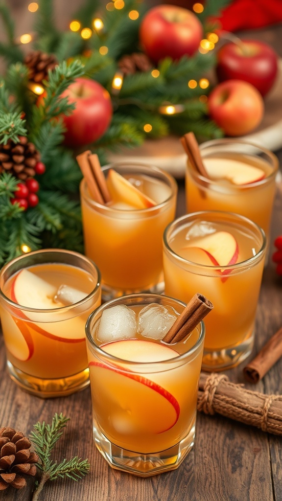 Festive Apple Cider Christmas Cocktails Festive apple cider cocktails garnished with apple slices and cinnamon sticks on a rustic table with holiday decorations.
